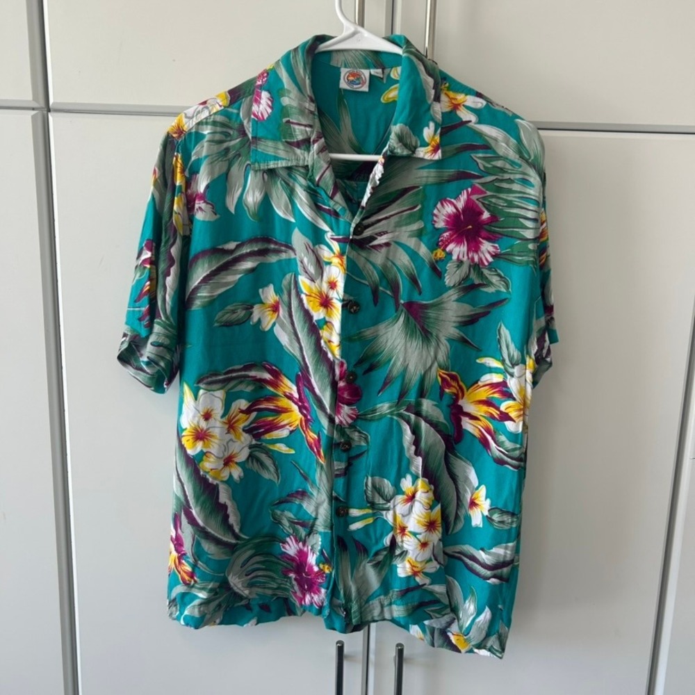 Makai Beach Hawaii Mens Teal Tropical Floral Hibiscus Aloha Camp Shirt Large